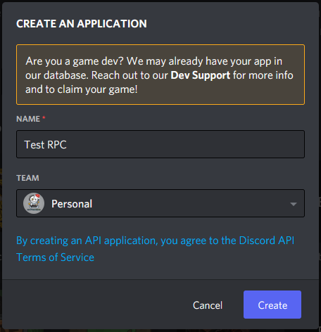 Create Application Popup